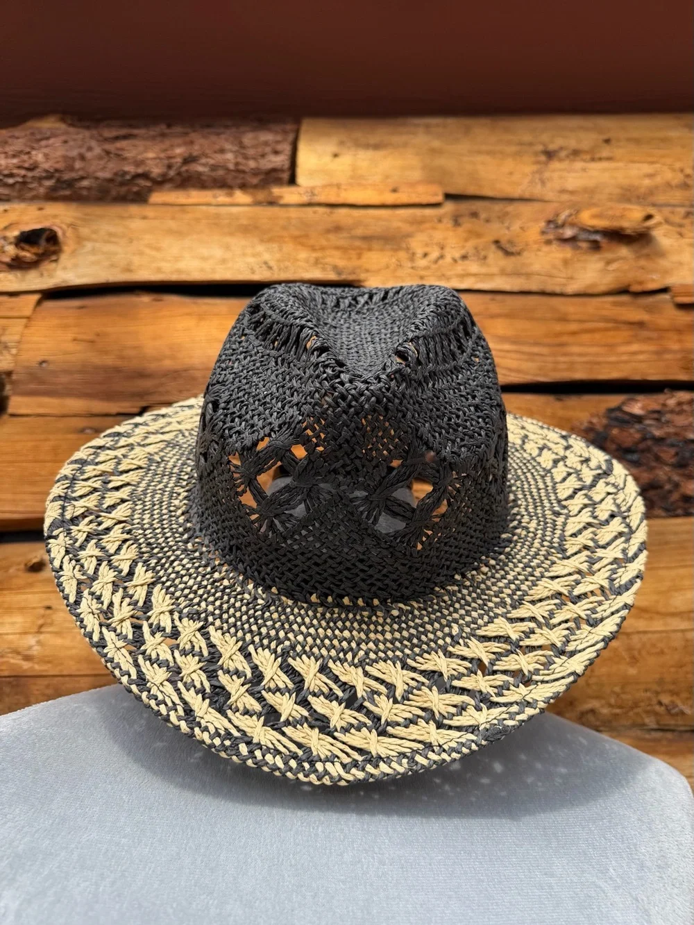 Anthropologie Women's Paper Straw Cowboy Hat Black Beige Weave Wide Brim Sun O/S